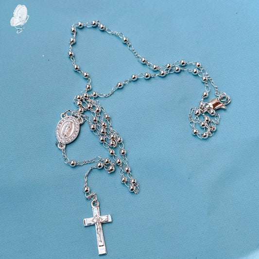 Portugal Drop: Silver Toned Rosary Necklace with Mary Centrepiece