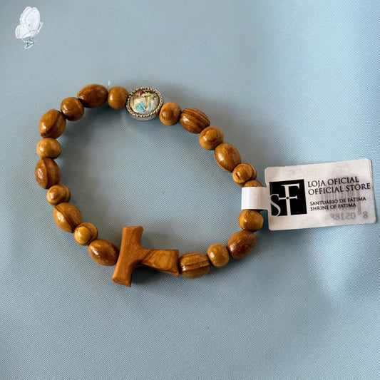 Portugal Drop: Wooden Two-Decade Rosary Bracelet with Tau Cross & Fatima Medal