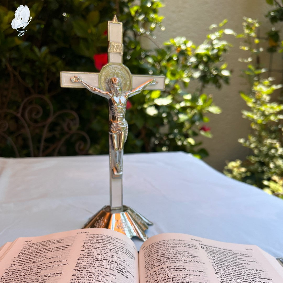 Free-standing Cross of St Benedict - Silver and White Crucifix with Silver Body