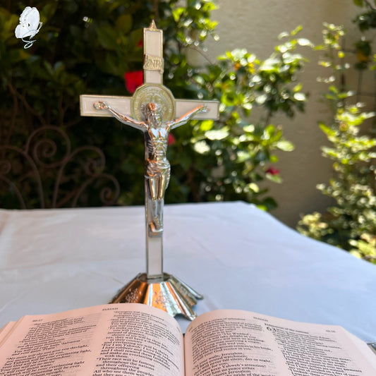 Free-standing Cross of St Benedict - Silver and White Crucifix with Silver Body