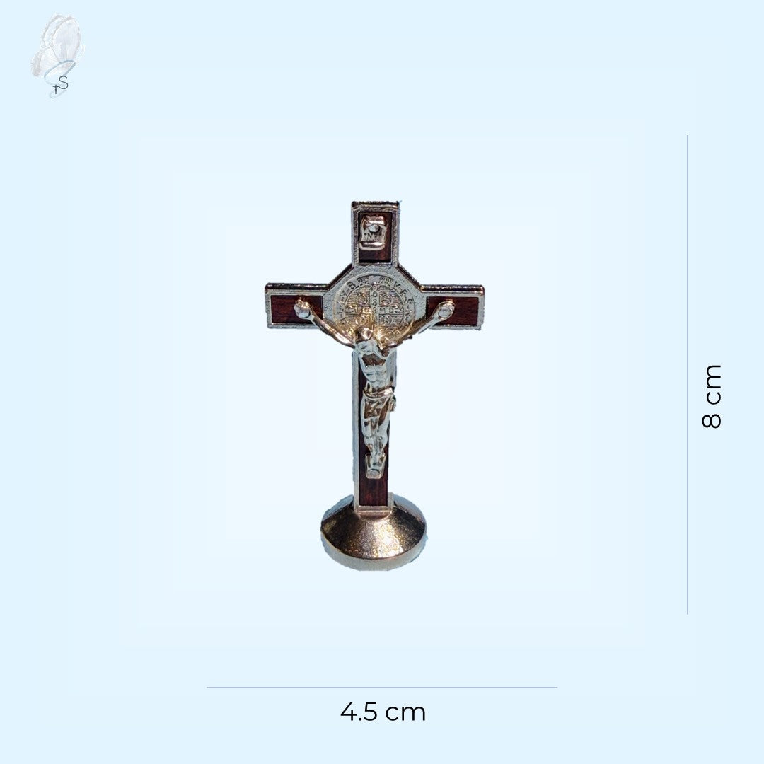 Standing St Benedict Crucifix | Metal with Wood Inlay