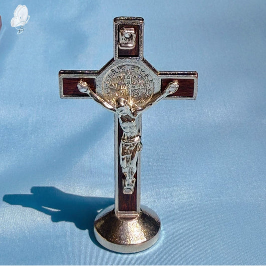 Standing St Benedict Crucifix | Metal with Wood Inlay