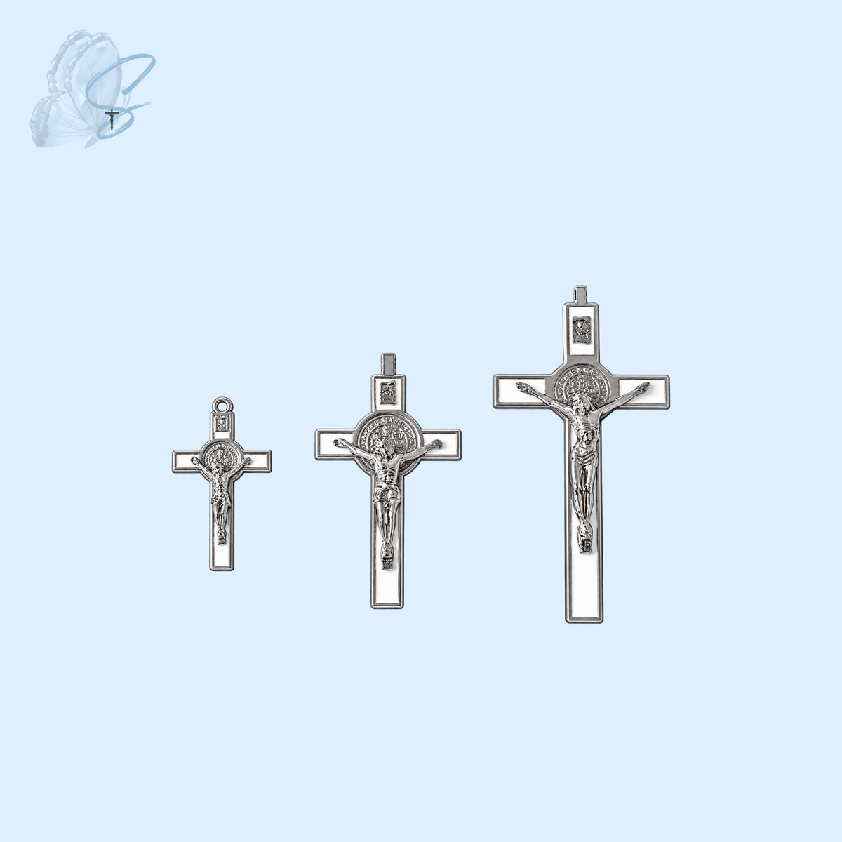 St Benedict Crucifix | White & Silver Finish