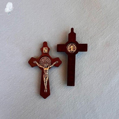 Cross of St Benedict - Wooden Crucifix with Silver Body