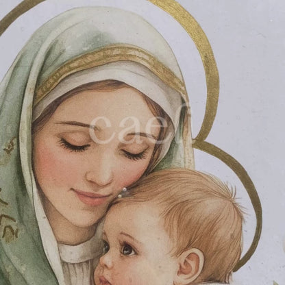 Theotokos Wall Art (Green) | Virgin Mary and Baby Jesus | Marian Devotion | A4 Gilded Wall Art